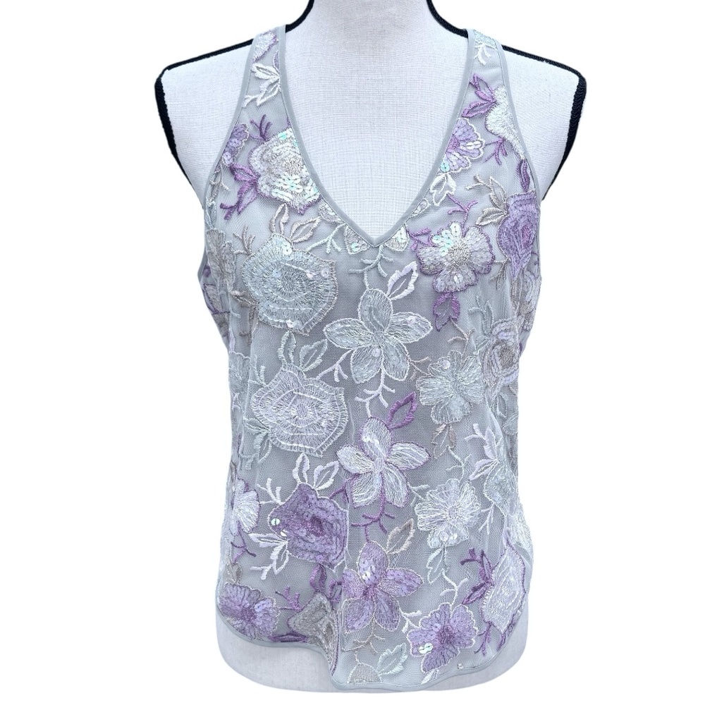 GIORGIO ARMANI GRAY W PINK & SAGE GREEN FLORAL EMBROIDERED SEQUINS V NECK TOP